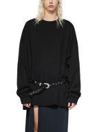 Black oversized knit sweatshirt with round neck and studded belt detail at waist