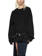 Black oversized knit sweatshirt with round neckline and studded waist belt detail
