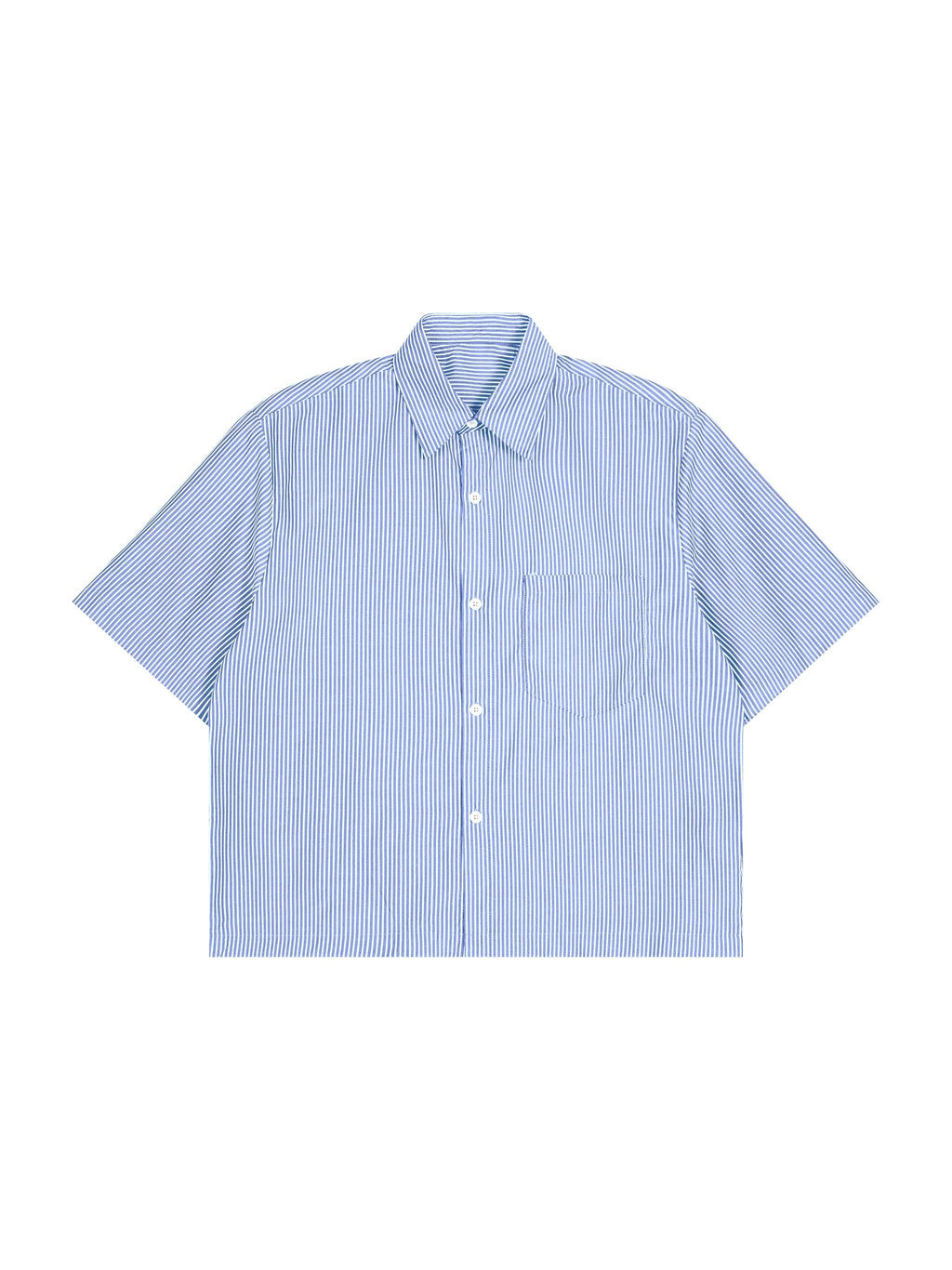 Light blue vertical stripe boxy shirt, short sleeves, button-front