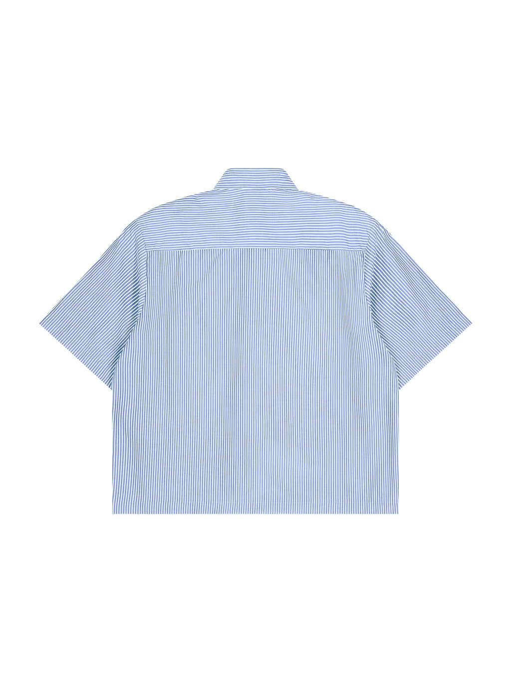 Light blue vertical stripe boxy shirt, short sleeves, button-back view