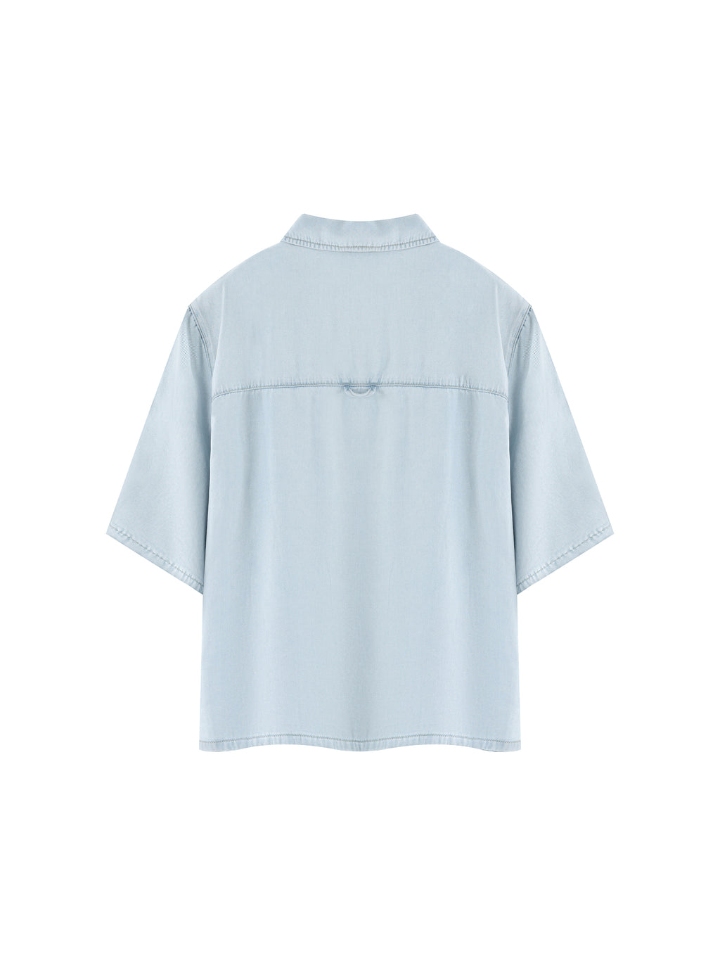 Light blue lyocell drop-shoulder button-up shirt from the back, short sleeves.