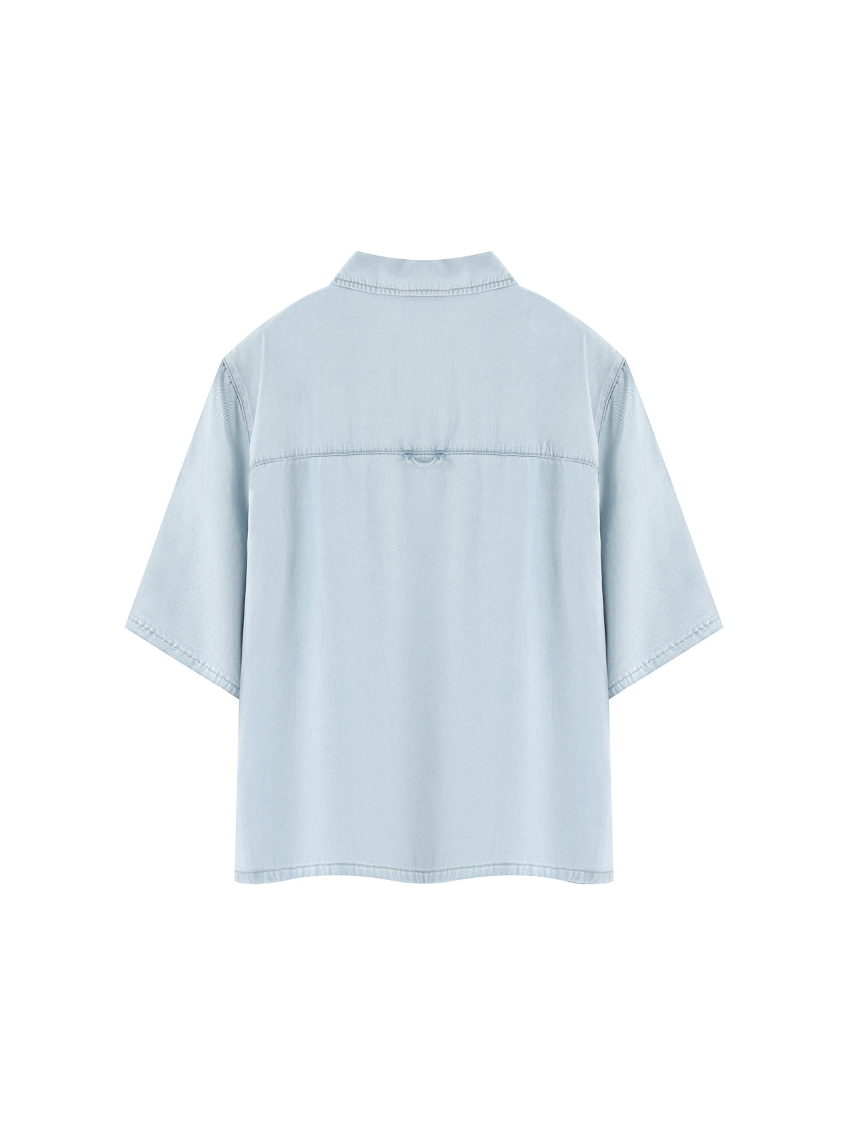 Light blue lyocell drop-shoulder button-up shirt from the back, short sleeves.