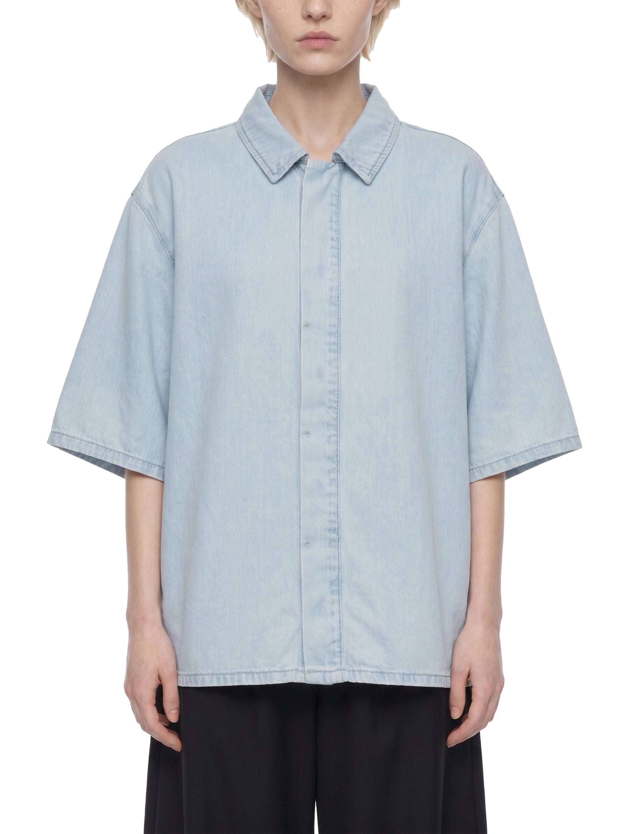 Light blue vintage-wash lyocell button-up shirt with drop shoulders and short sleeves