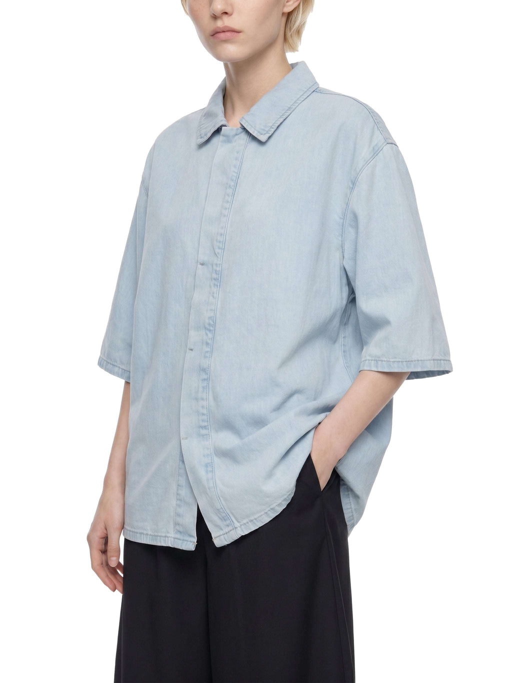 Light blue vintage-wash lyocell collared button-up shirt with drop shoulders, short sleeves
