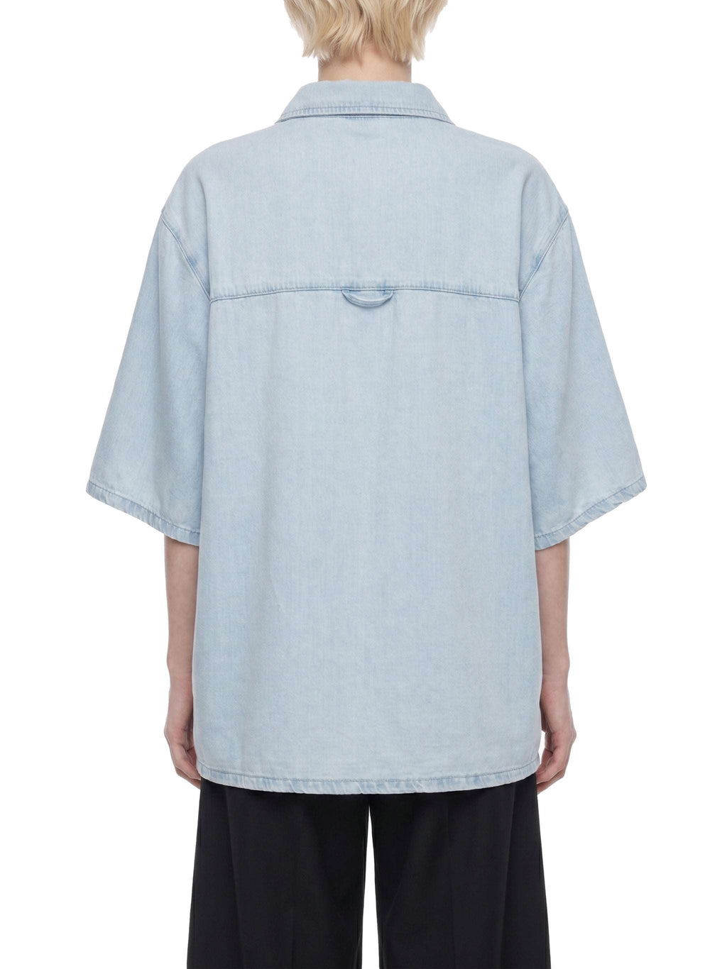 Light blue vintage-wash lyocell shirt, back view, drop shoulders and short sleeves