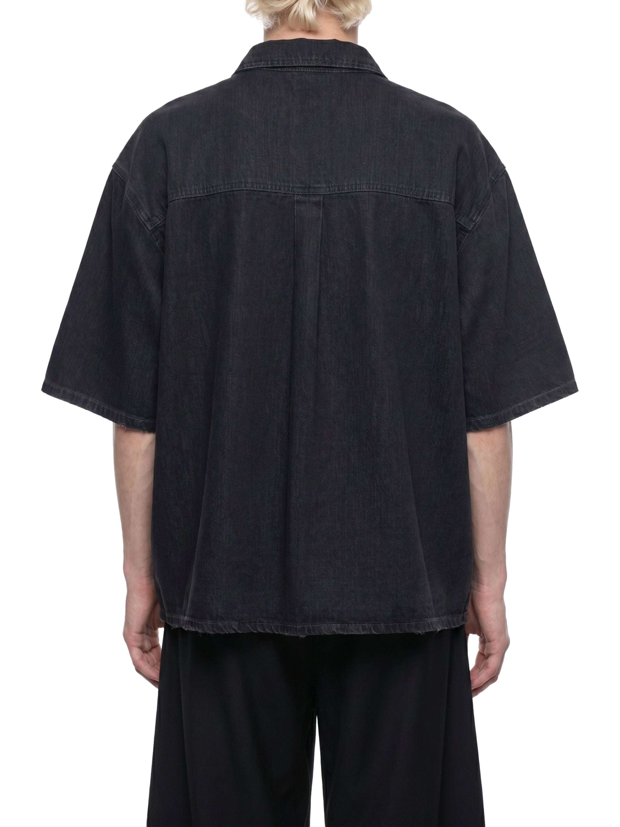 Black vintage-wash lyocell shirt, back view, drop shoulders, short sleeves, button front