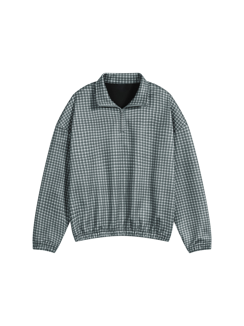 Plaid quarter-zip sweatshirt in dark green, front view, stand collar