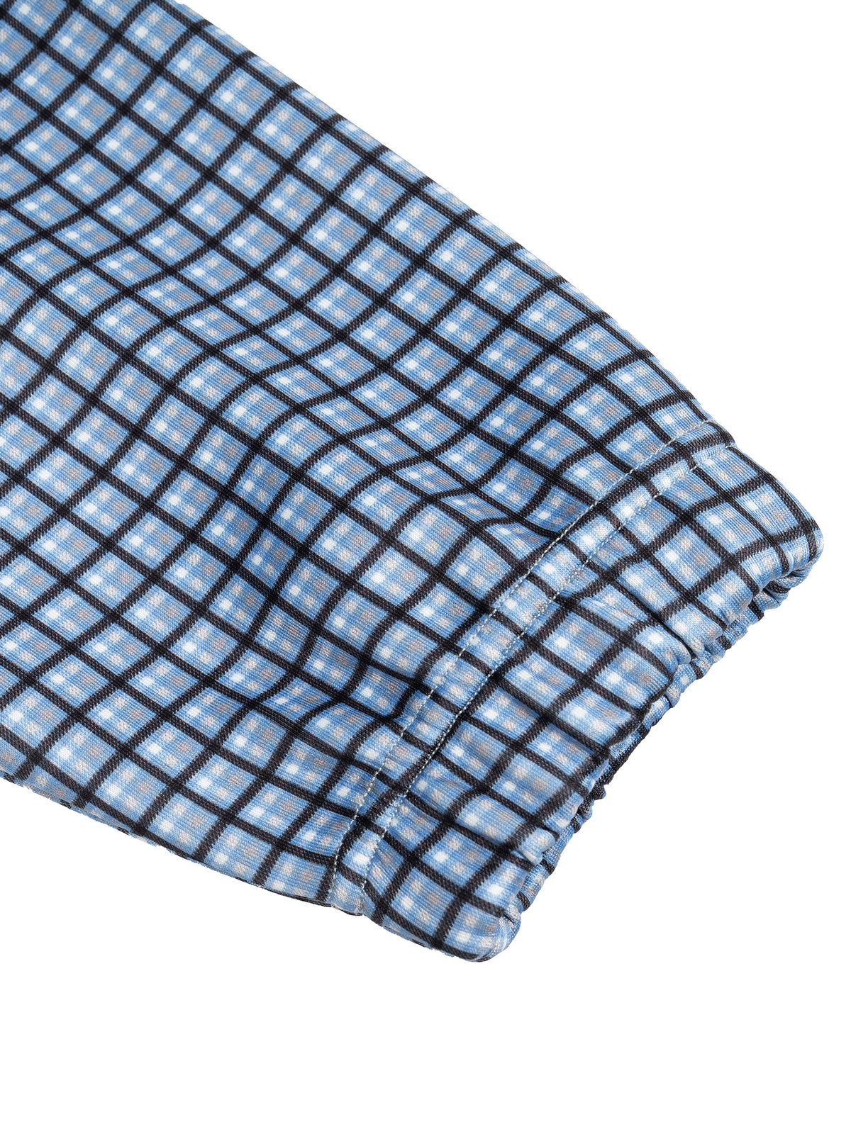 Sky blue plaid fabric swatch with stitched grid pattern