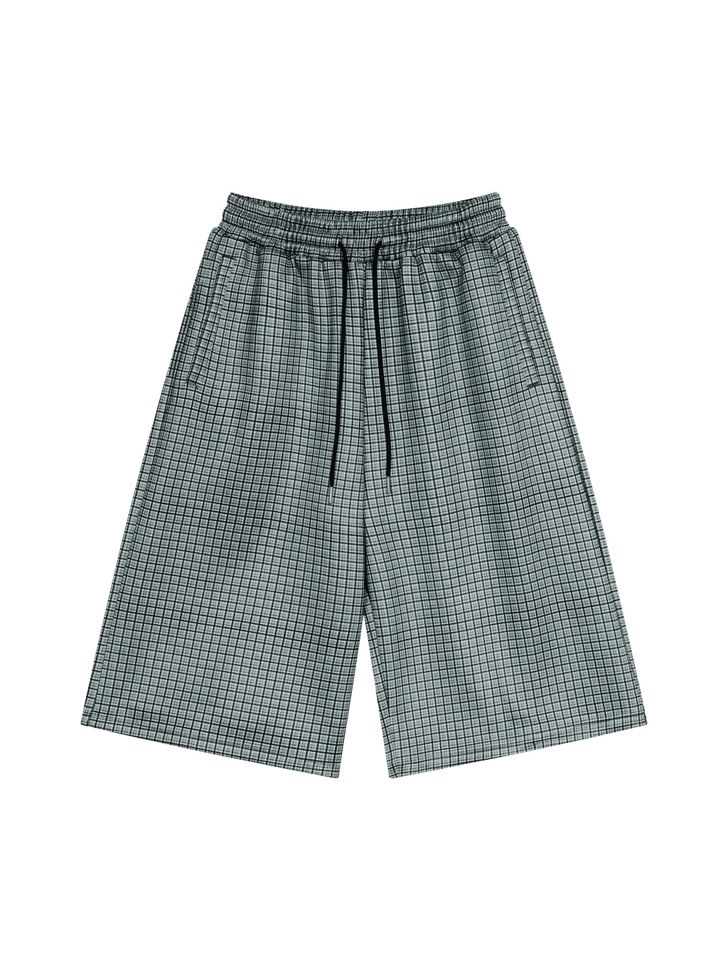 Navy blue plaid drawstring shorts, front view with vertical drawcord detail
