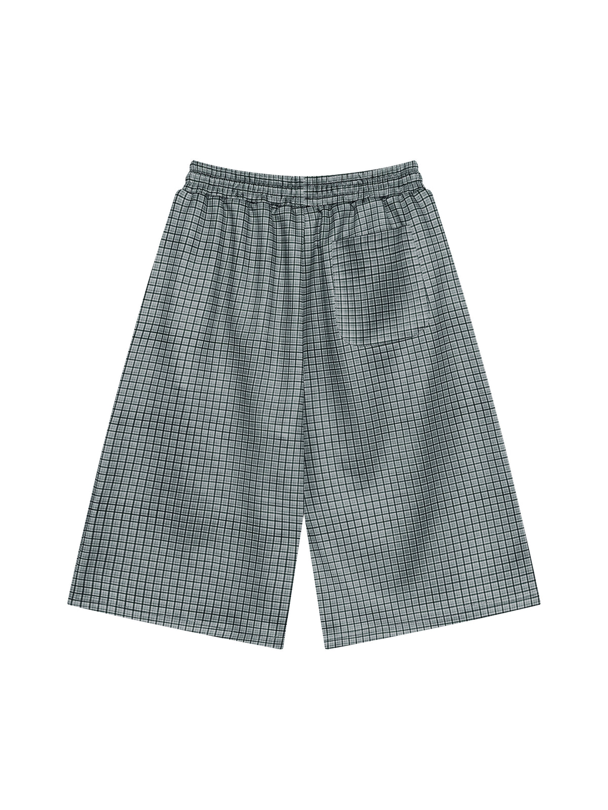 Navy blue plaid drawstring shorts with elastic waist and relaxed straight legs