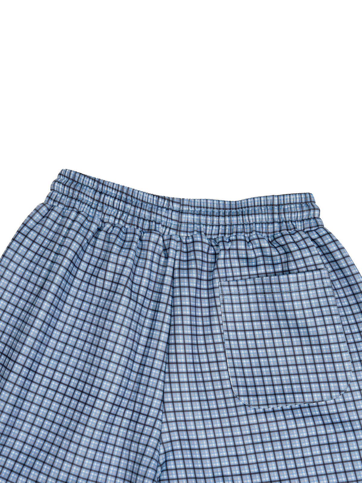 Sky blue plaid shorts with elastic waistband and drawstring