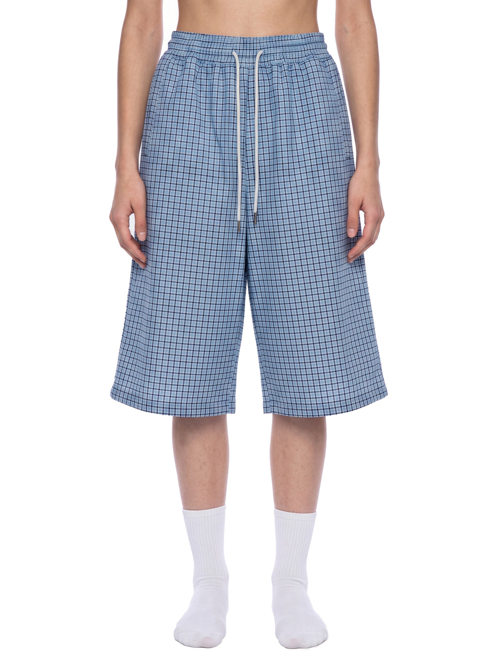 Blue plaid drawstring shorts with elastic waistband and thin drawstrings