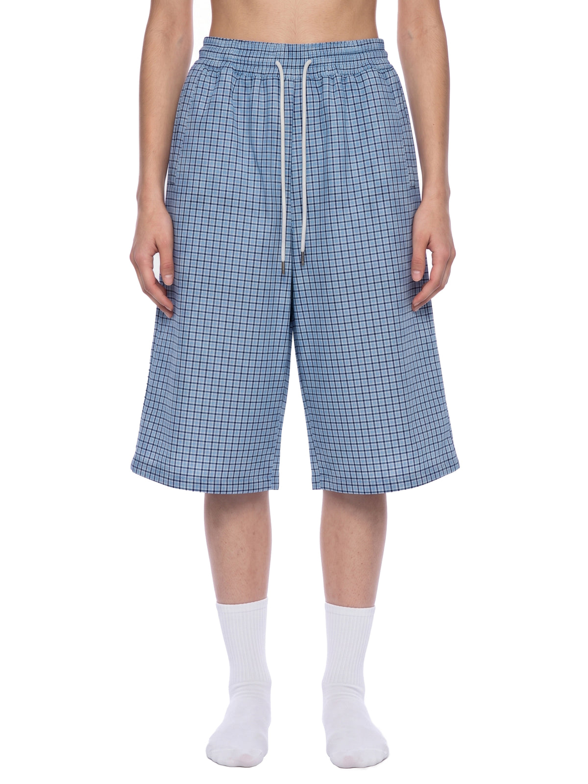 Blue plaid drawstring shorts with elastic waistband and thin drawstrings