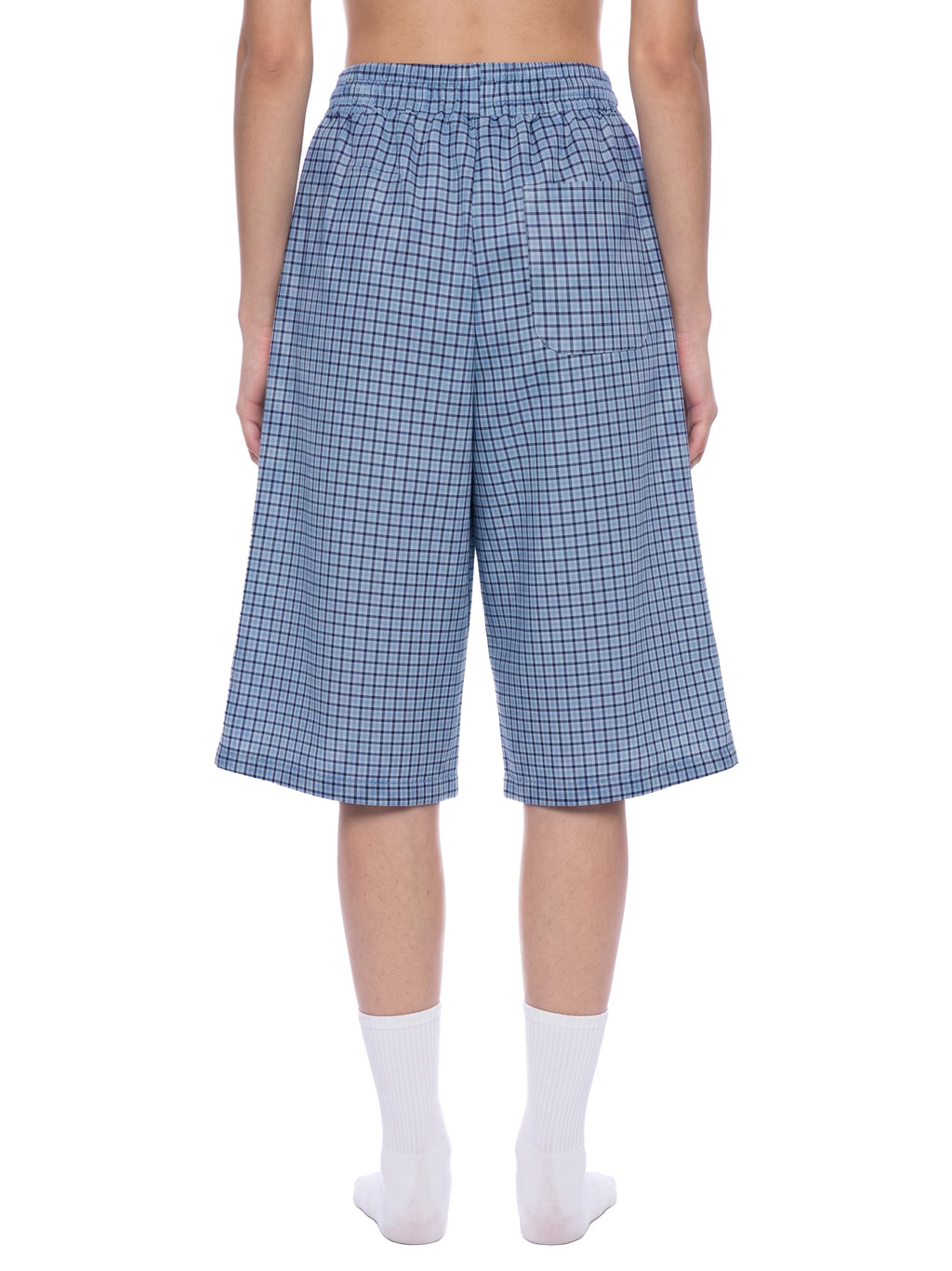 Blue plaid drawstring shorts with elastic waistband, full front view