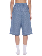 Blue plaid drawstring shorts with elastic waistband, full front view