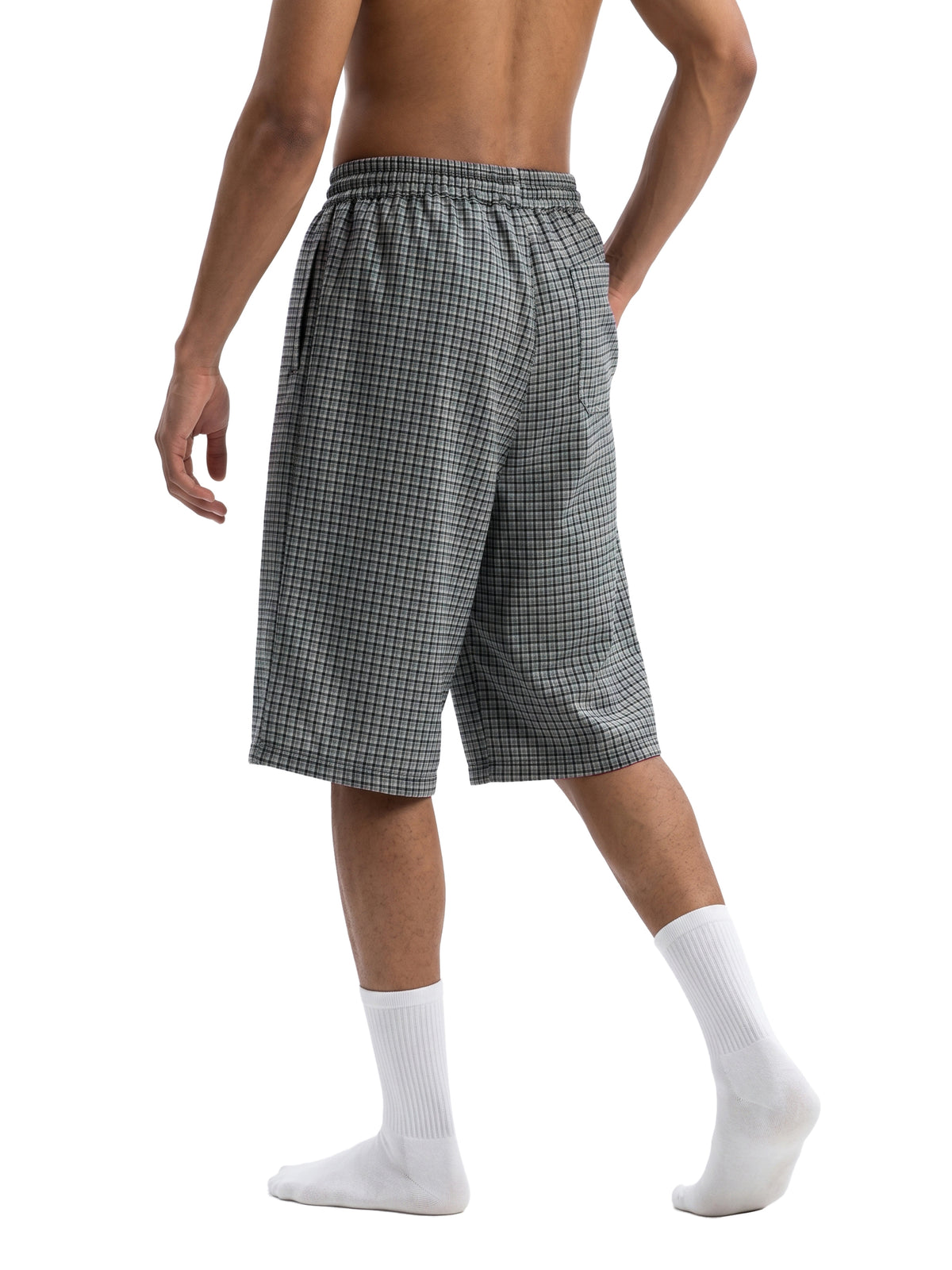 Dark plaid drawstring shorts with elastic waistband, knee-length