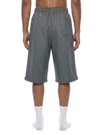 Dark plaid drawstring shorts, front view with elastic waistband