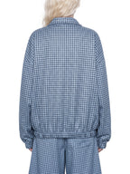 Sky blue plaid quarter-zip sweatshirt rear view with gathered hem and cuffs