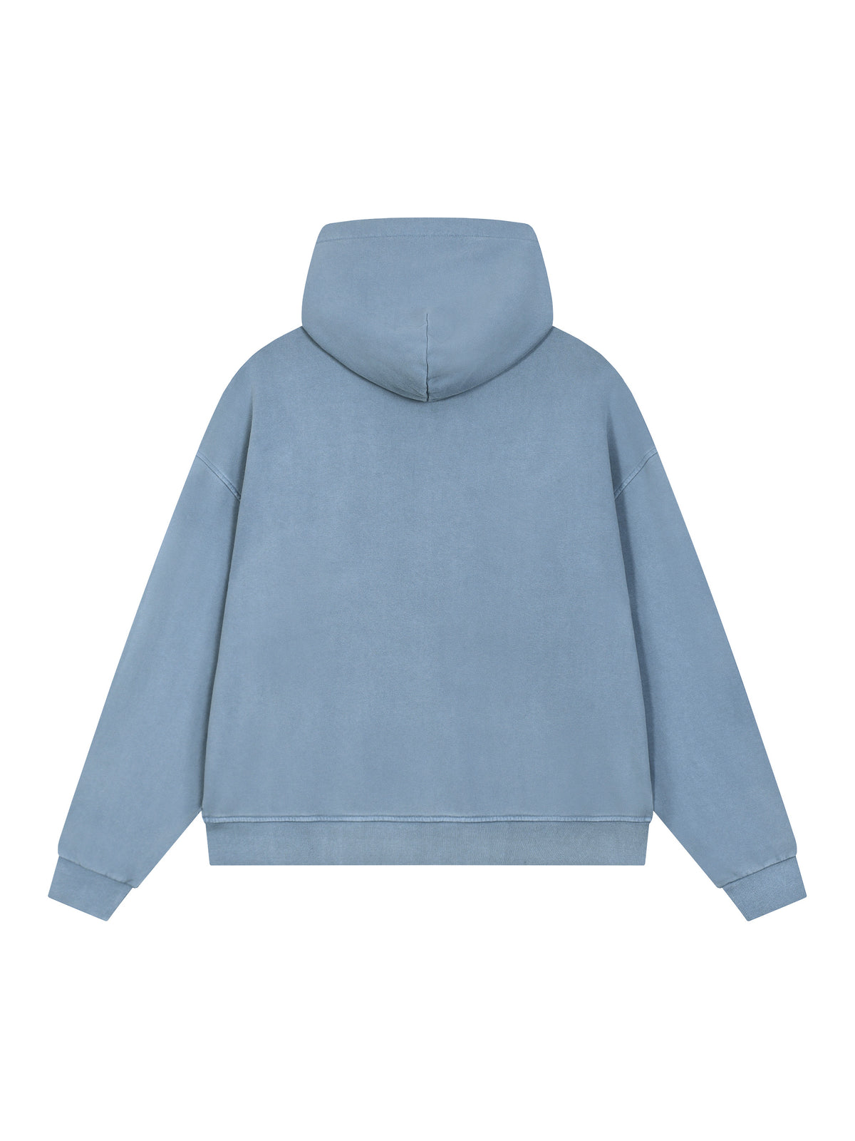 Jeans blue full-zip boxy hoodie with hood, shown from the back
