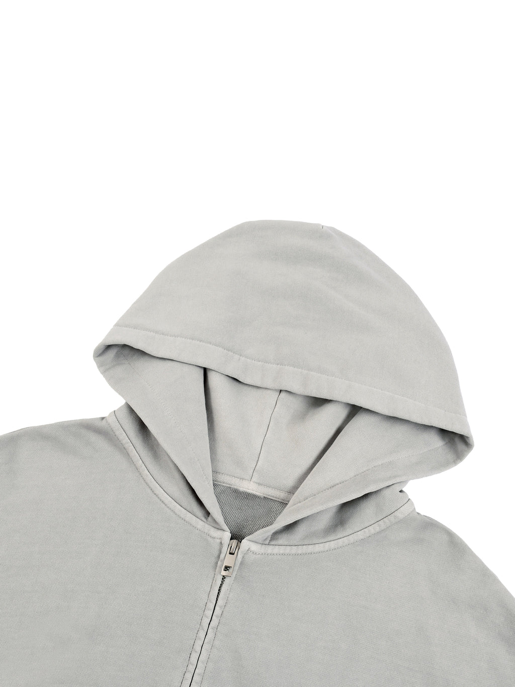 Light gray zip-front hooded hoodie with boxy fit and drawstring