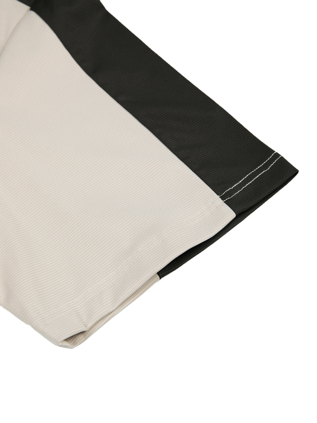 Short sleeve hem detail on color-block performance T-shirt, dark stripe and beige
