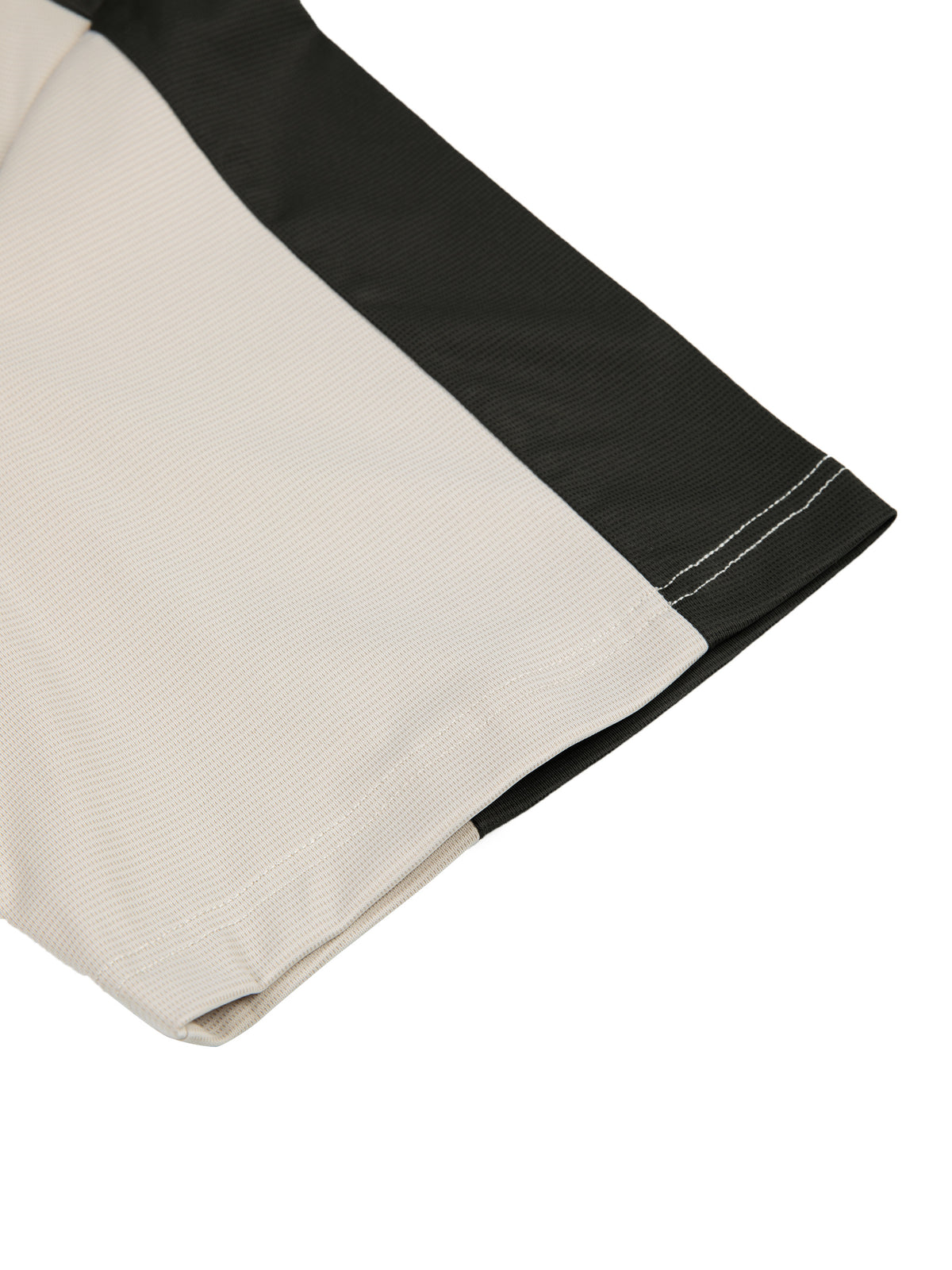 Short sleeve hem detail on color-block performance T-shirt, dark stripe and beige