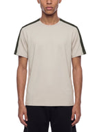 Color-block performance T-shirt with light beige body and dark charcoal sleeves