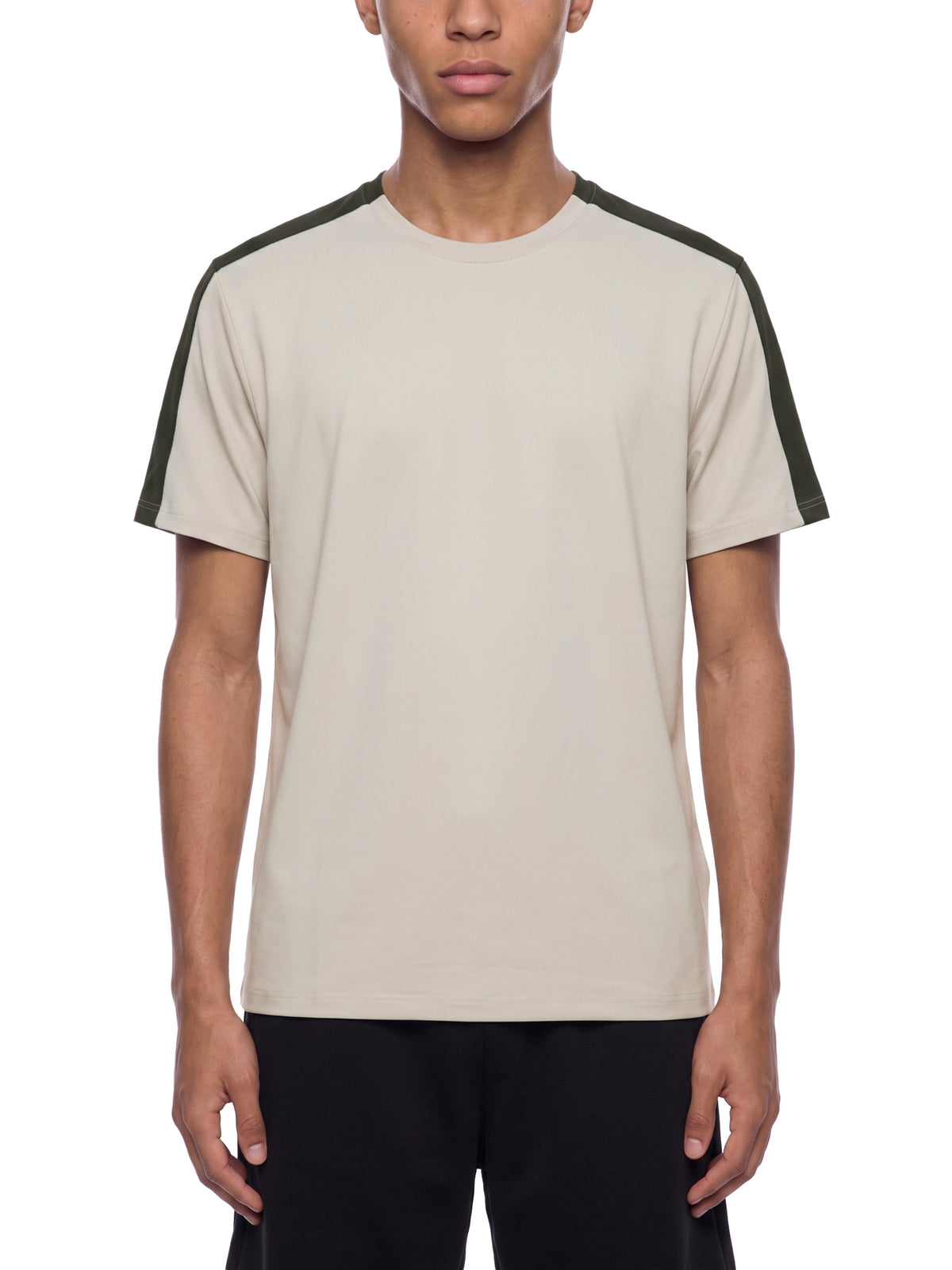 Color-block performance T-shirt with light beige body and dark charcoal sleeves