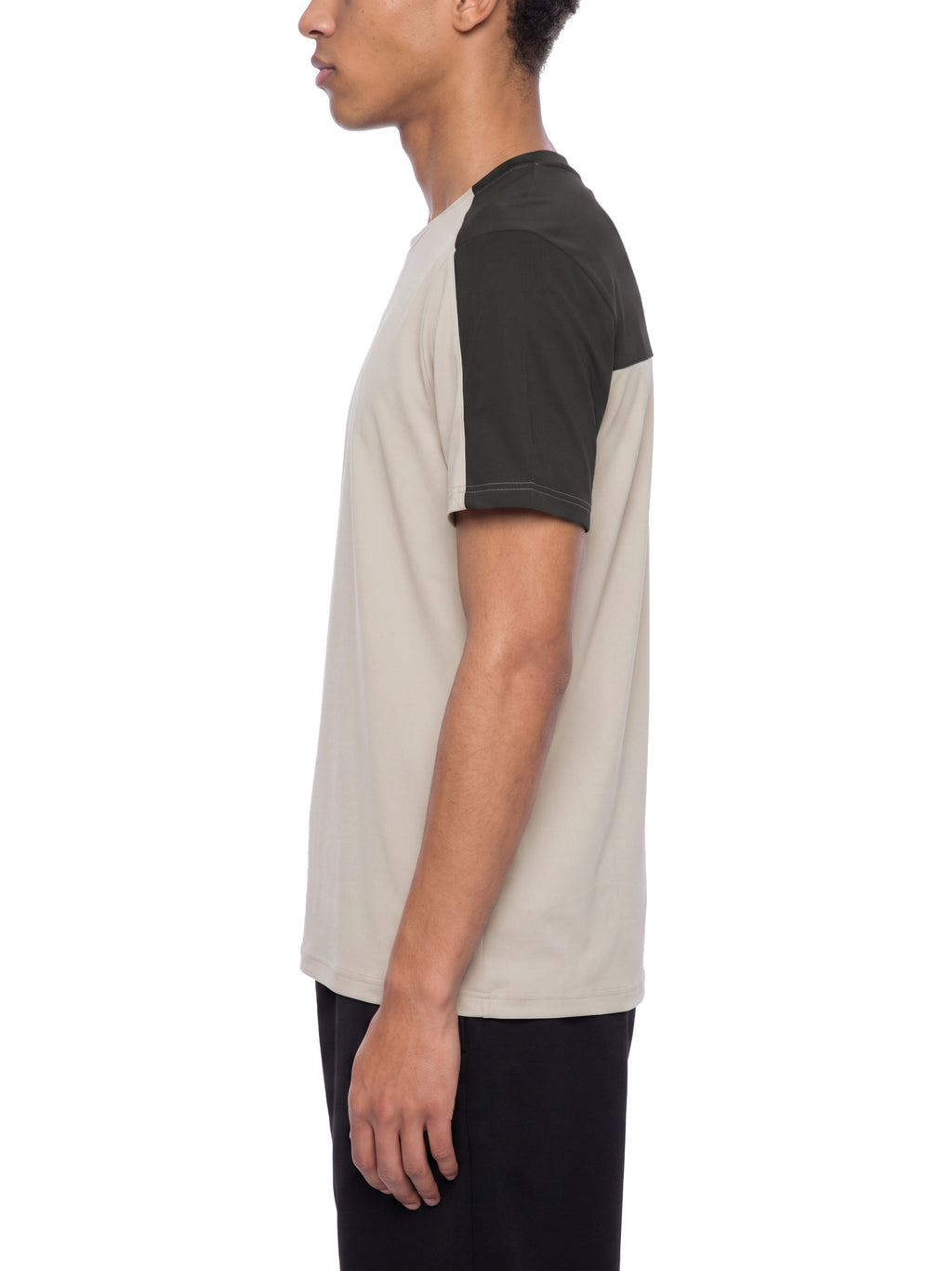 Men's color-block performance T-shirt, light beige front with dark charcoal sleeve