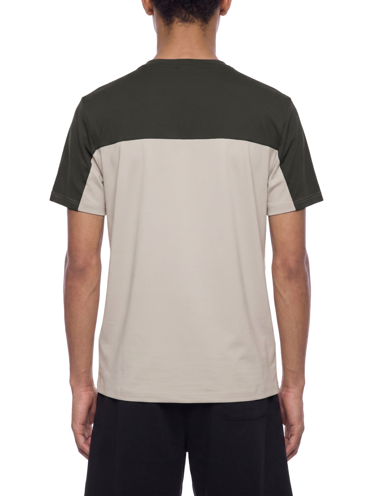 Color-block performance T-shirt with dark charcoal back and light beige center panel