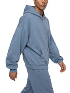Jeans blue full-zip boxy hoodie with hood, kangaroo pocket, and relaxed boxy fit