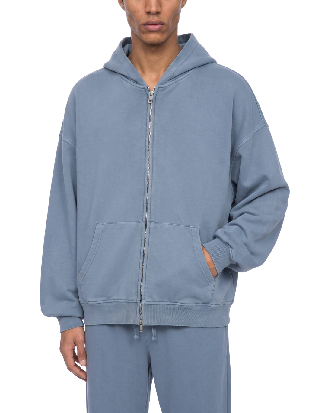 Jeans blue full-zip boxy hoodie with hood, kangaroo pockets, and front zipper