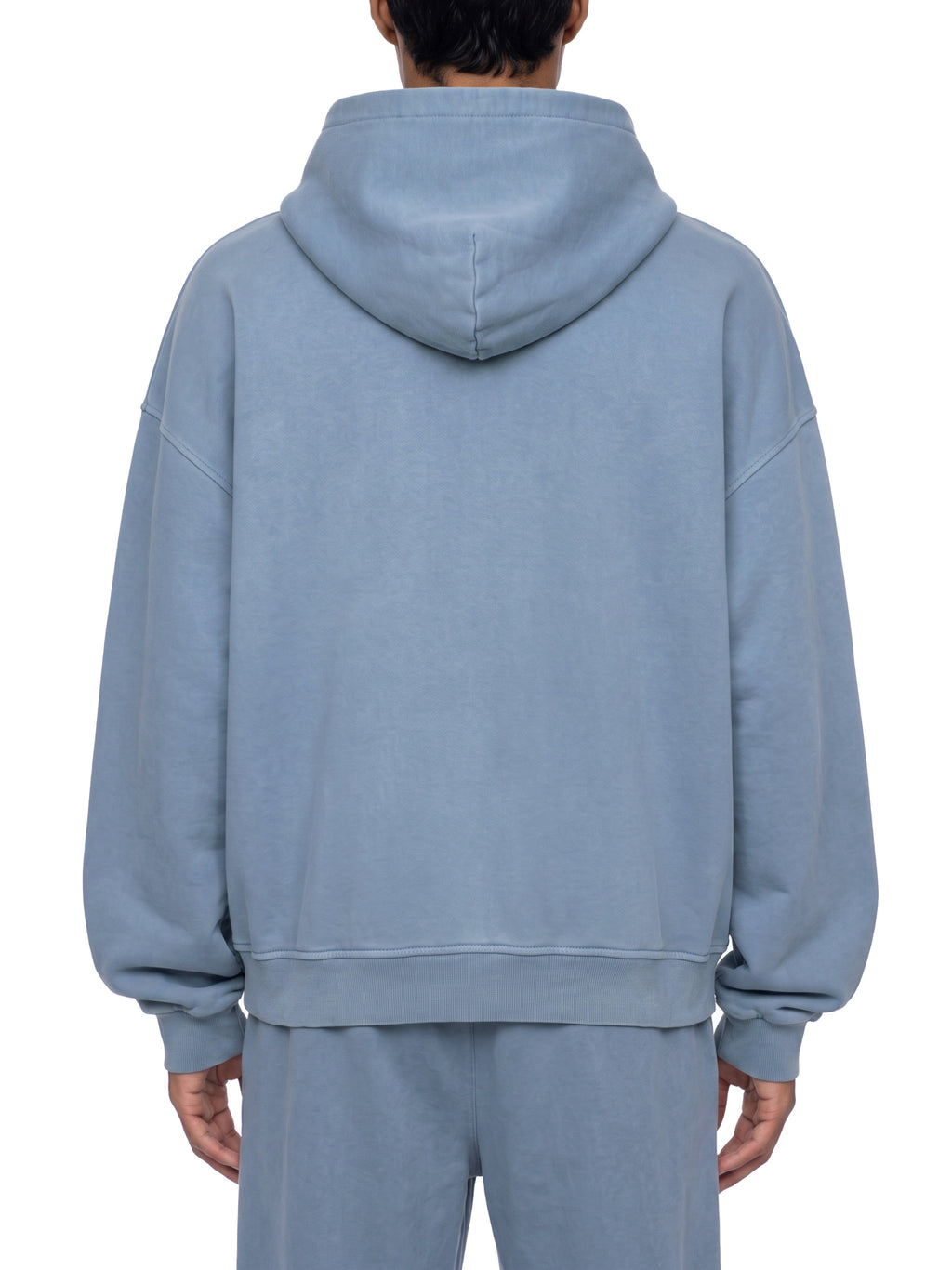 Jeans blue full-zip boxy hoodie with hood and ribbed hem, back view