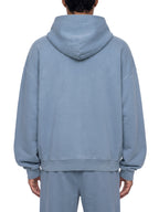 Jeans blue full-zip boxy hoodie with hood and ribbed hem, back view