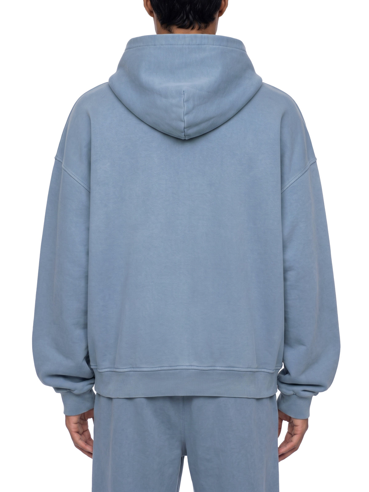 Jeans blue full-zip boxy hoodie with hood and ribbed hem, back view