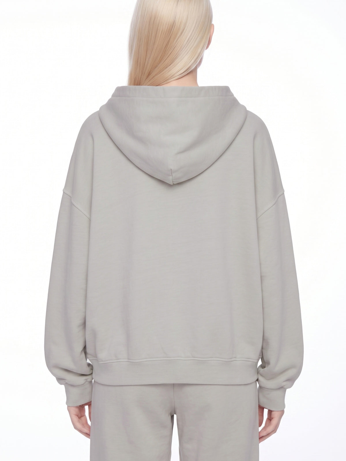 Light gray full-zip boxy hoodie with hood and ribbed hem, back view
