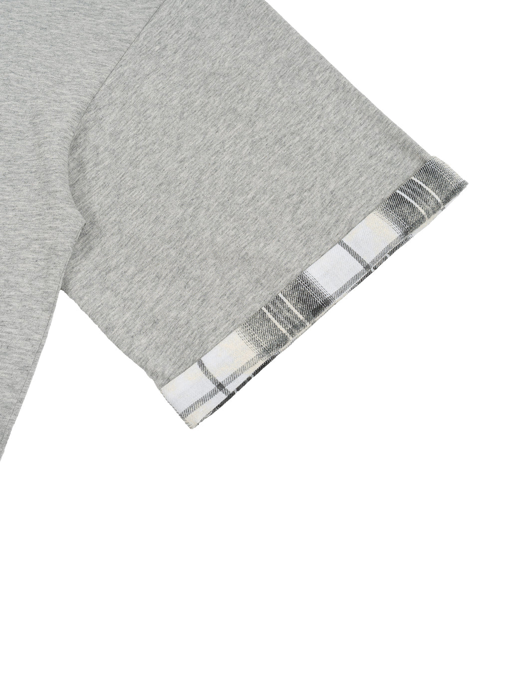 Unisex gray T-shirt sleeve with plaid cuff trim and stitched hem