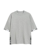Light gray unisex T-shirt with plaid cuff sleeves and side panel detail