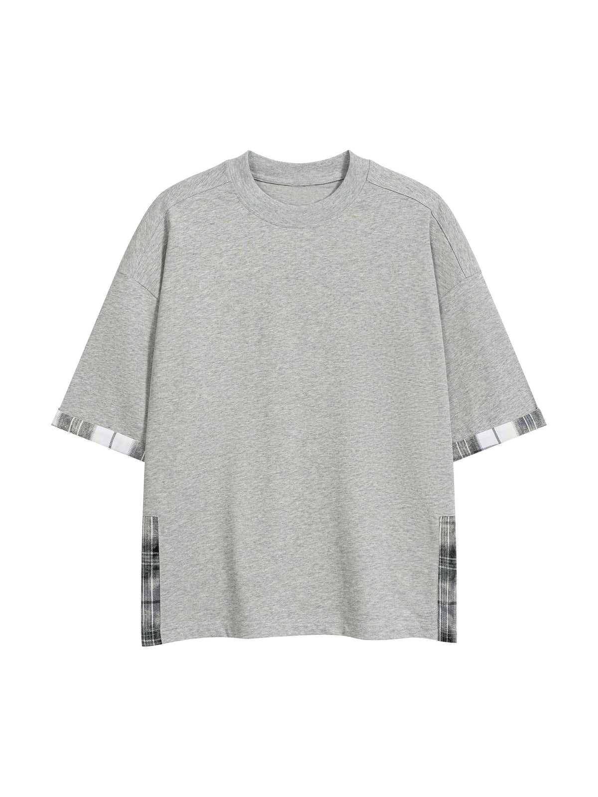 Light gray unisex T-shirt with plaid cuff sleeves and side panel detail