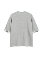 Light gray unisex T-shirt back view with plaid cuff sleeves
