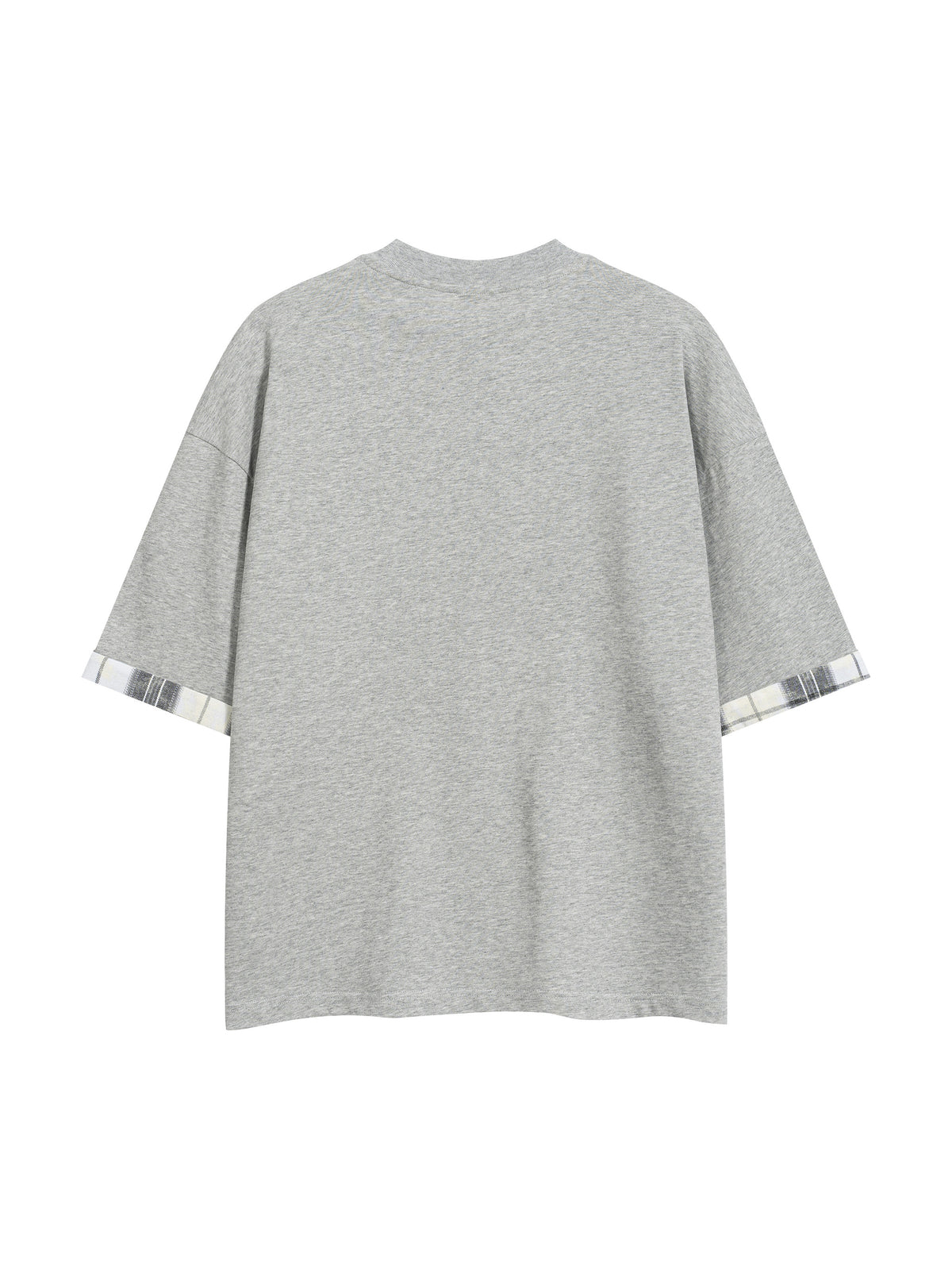 Light gray unisex T-shirt back view with plaid cuff sleeves