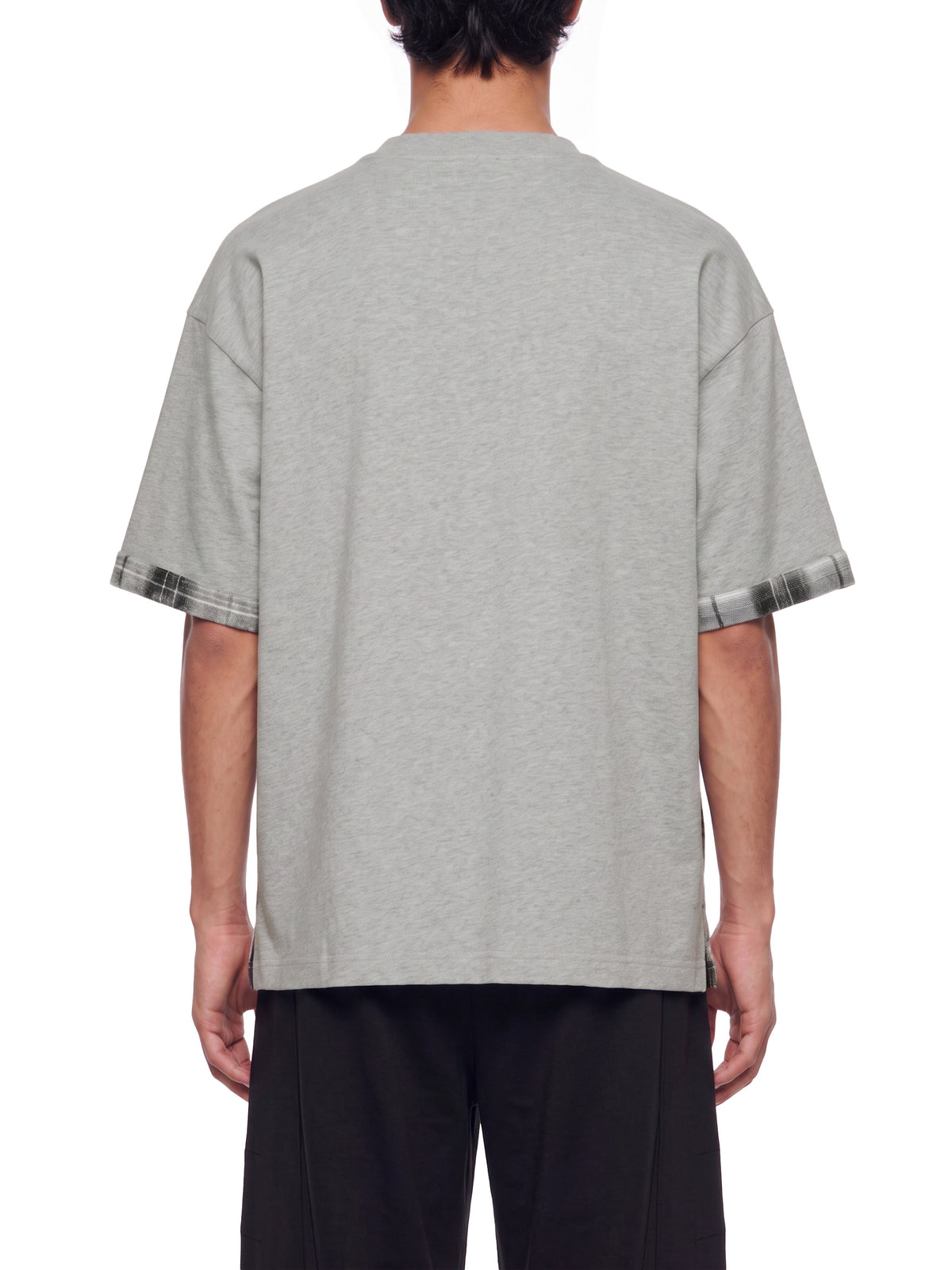 Unisex heather gray T-shirt, back view, with plaid-trim cuffs on short sleeves