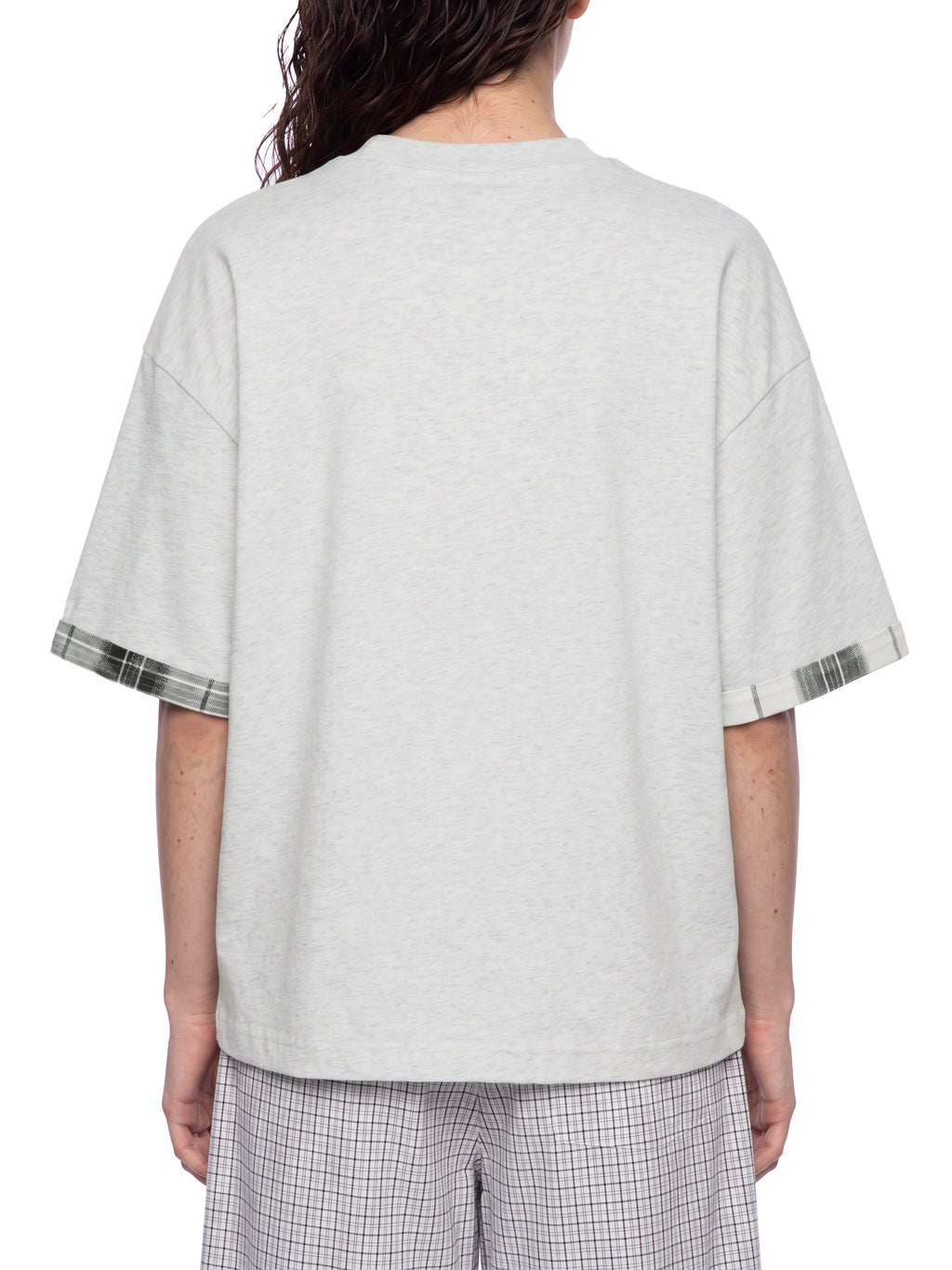 Unisex light gray T-shirt, back view, with plaid-trim cuffs on short sleeves