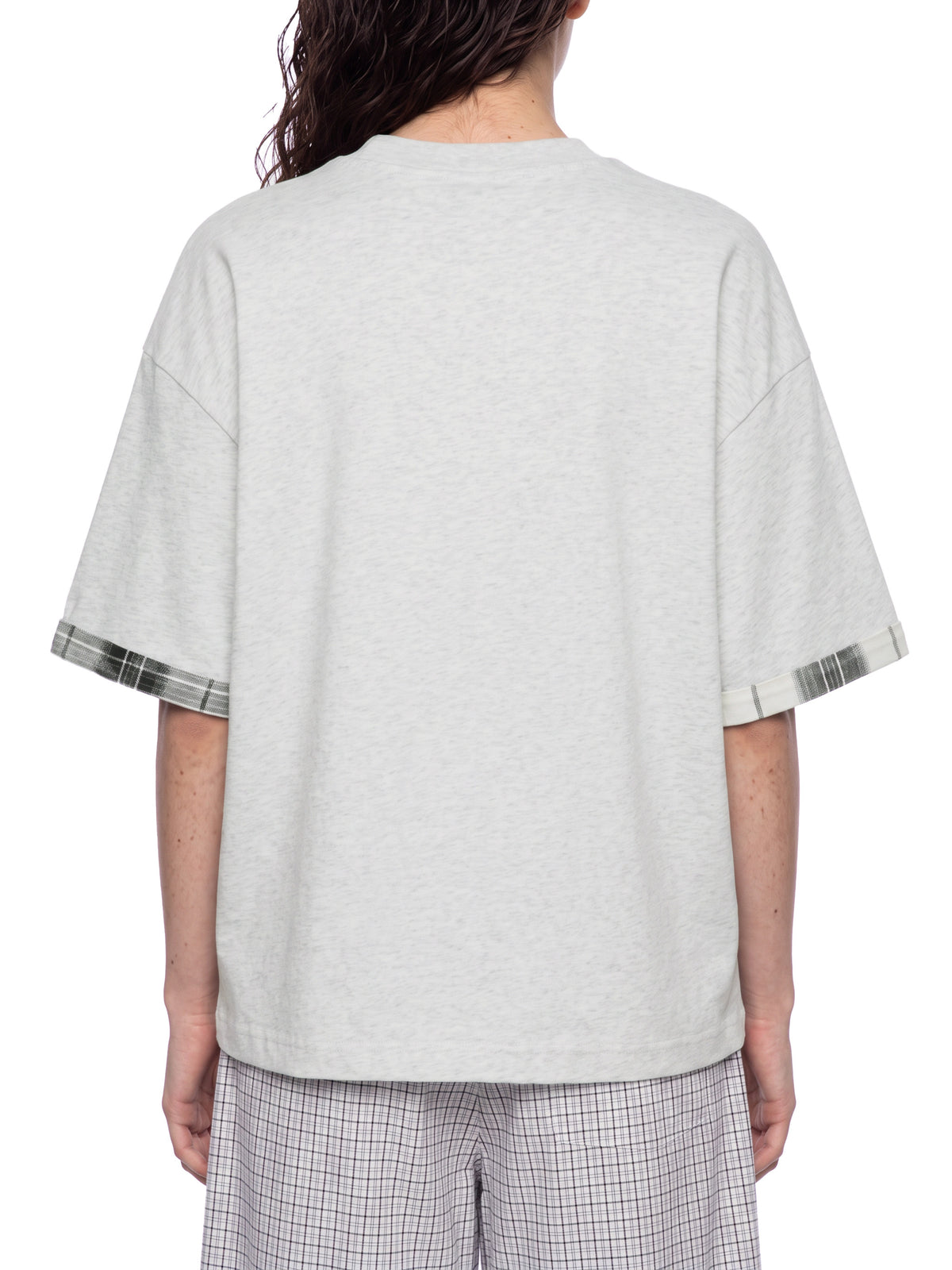 Unisex light gray T-shirt, back view, with plaid-trim cuffs on short sleeves