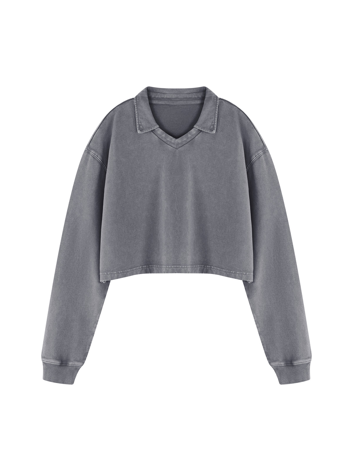 Gray vintage wash crop sweatshirt with V-neck collar and long sleeves, front view