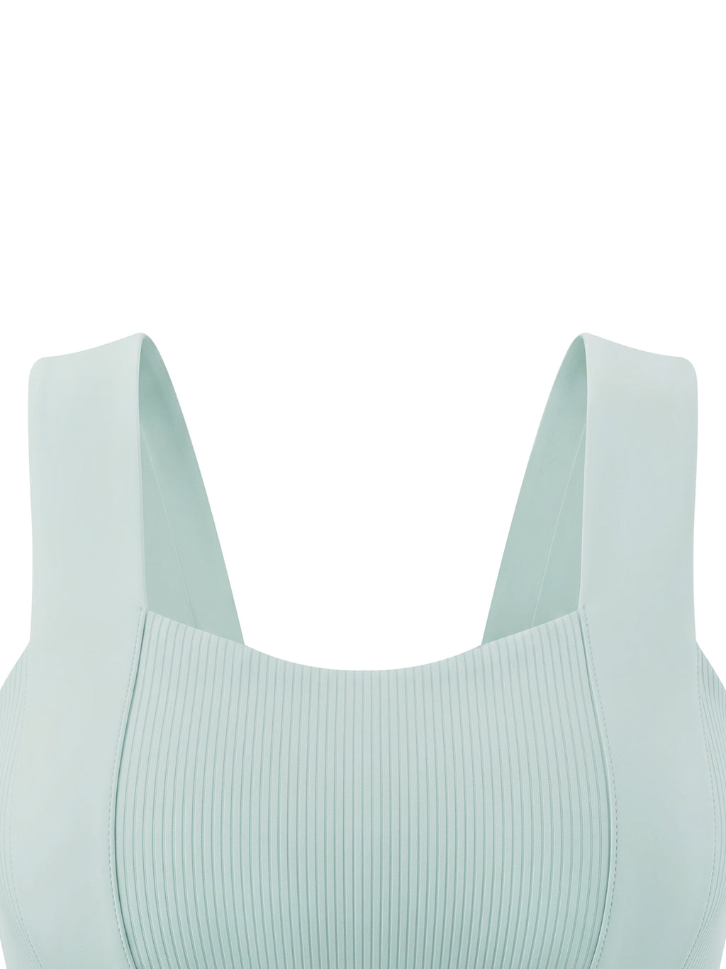 Mint green ribbed crop tank top detail: wide U-shaped neckline and thick shoulder straps.