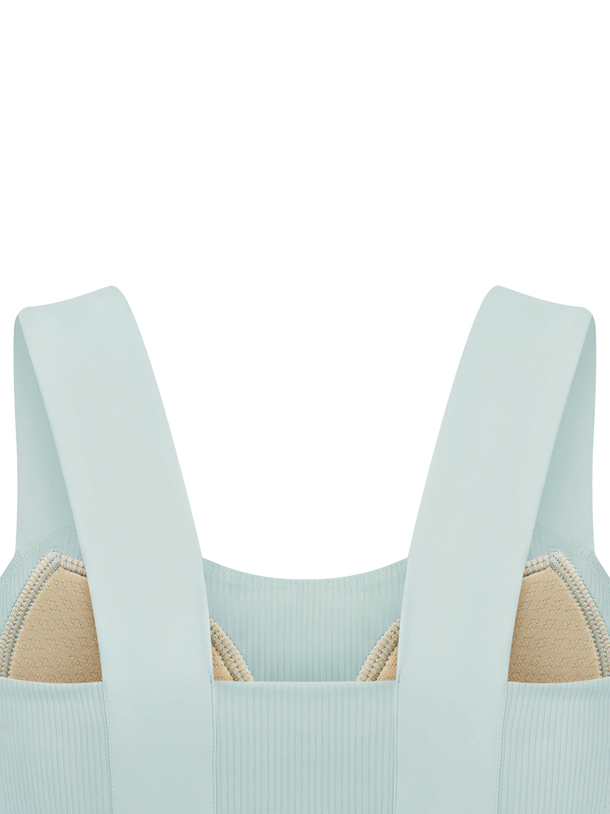 Mint green yoga crop tank top close-up: wide straps with square neckline front.