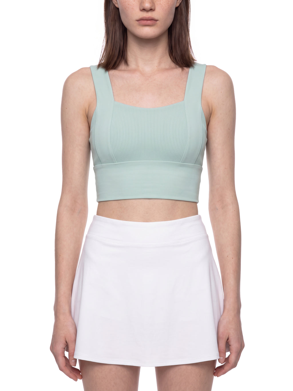 Mint green yoga crop tank top with wide square neckline and ribbed knit texture.