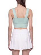 Mint green yoga crop tank top with scooped square back and ribbed midsection.