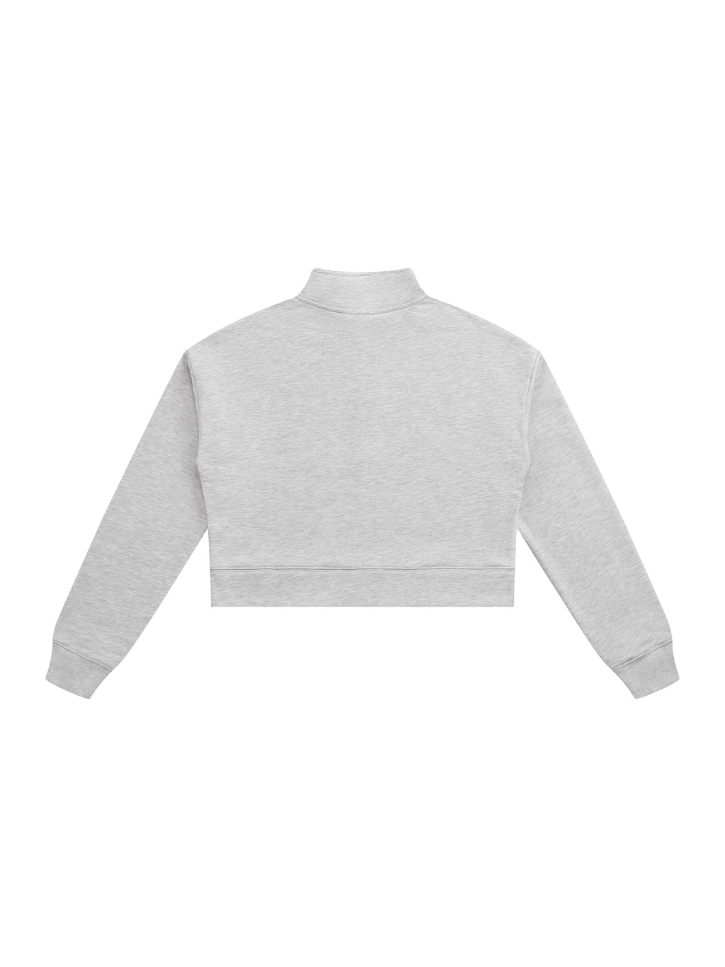 Light gray cropped quarter-zip sweatshirt, back view with stand collar and zipper